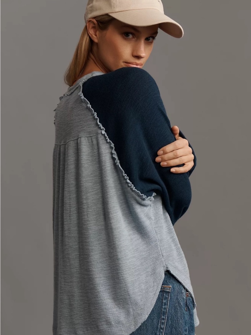 Pilcro Ruffled Raglan Thermal Top Blue Colorblock Layering Size Small - Picture 2 of 8